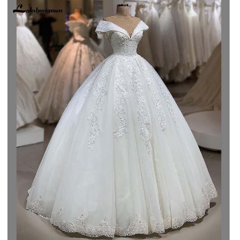 Beautiful print wedding dresses lace-up back lace print V neck