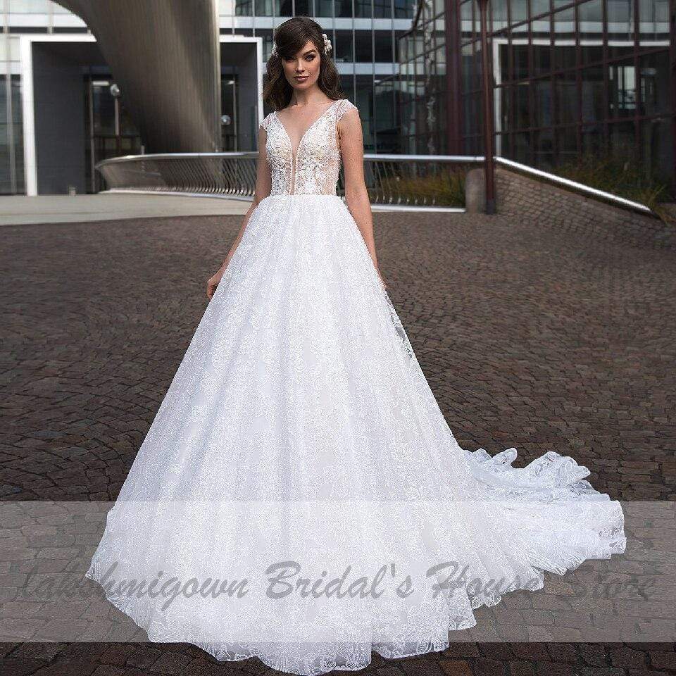 Bestidos Bridal Dresses Glitter Tulle Wedding Gowns Deep V-neck - ROYCEBRIDAL OFFICIAL STORE