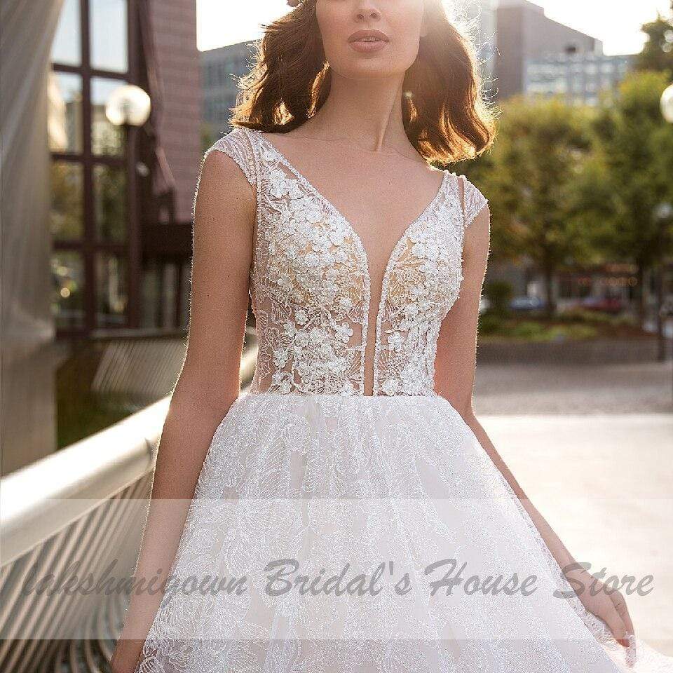 Bestidos Bridal Dresses Glitter Tulle Wedding Gowns Deep V-neck - ROYCEBRIDAL OFFICIAL STORE