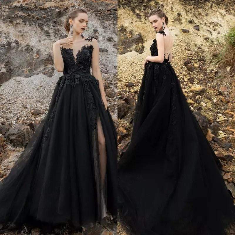 Black Gothic Wedding Dresses High Split Backless Lace