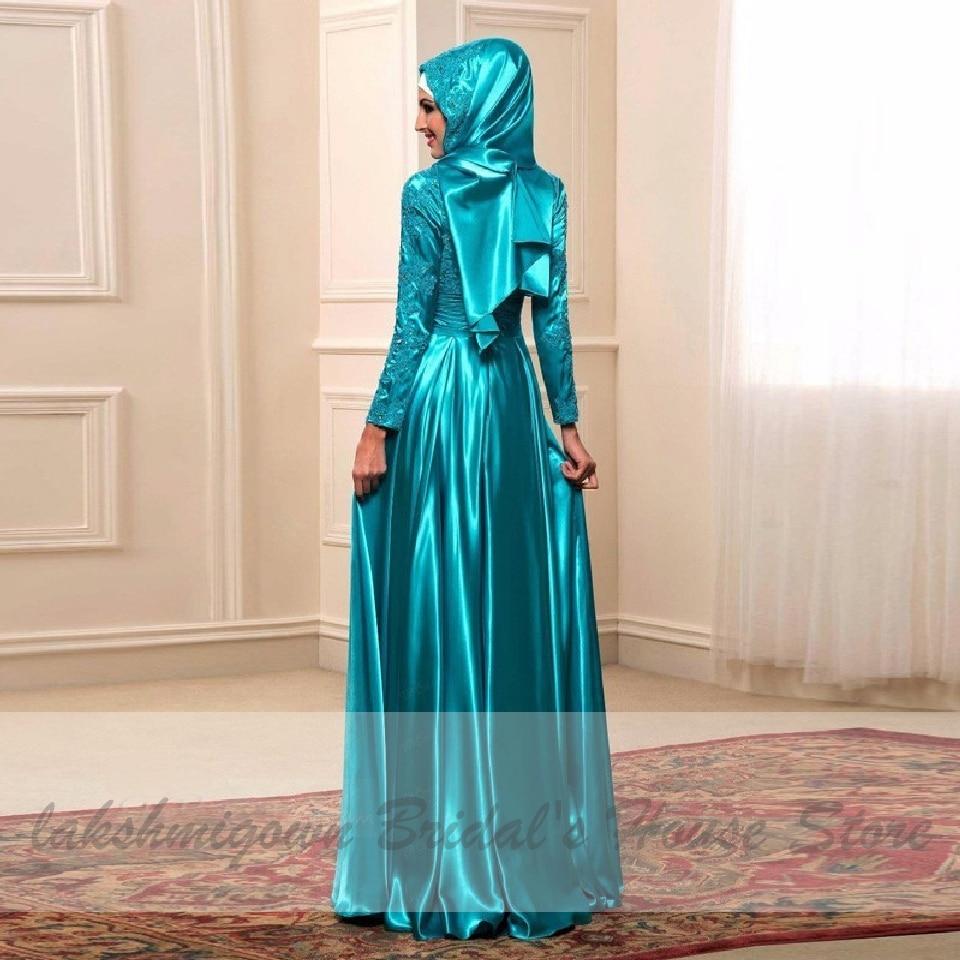 Blue Dress Wedding with Hijab Elegant Satin Bridal Dress Long Sleeve