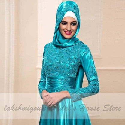 Blue Dress Wedding with Hijab Elegant Satin Bridal Dress Long Sleeve - ROYCEBRIDAL OFFICIAL STORE