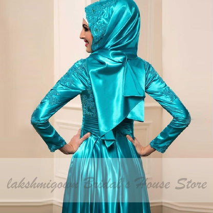 Blue Dress Wedding with Hijab Elegant Satin Bridal Dress Long Sleeve - ROYCEBRIDAL OFFICIAL STORE