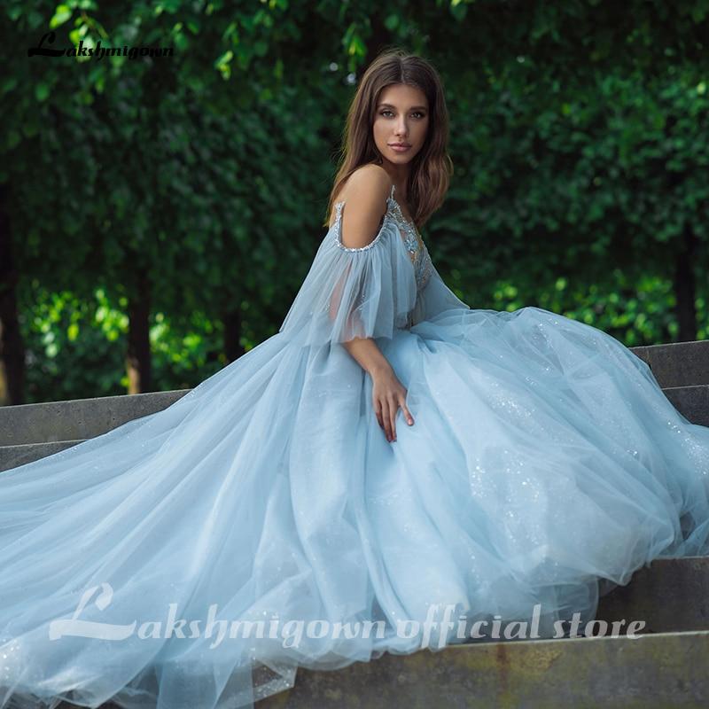 Blue Lace Bride Dress Short Sleeves A-line Romantic Wedding Dress