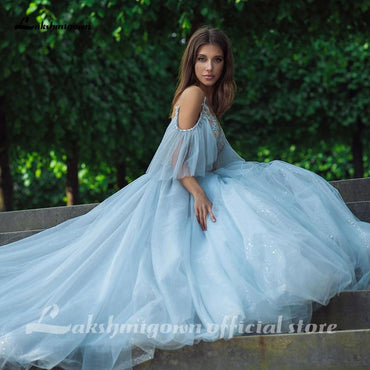 Blue Lace Bride Dress Short Sleeves A-line Romantic Wedding Dress - ROYCEBRIDAL OFFICIAL STORE