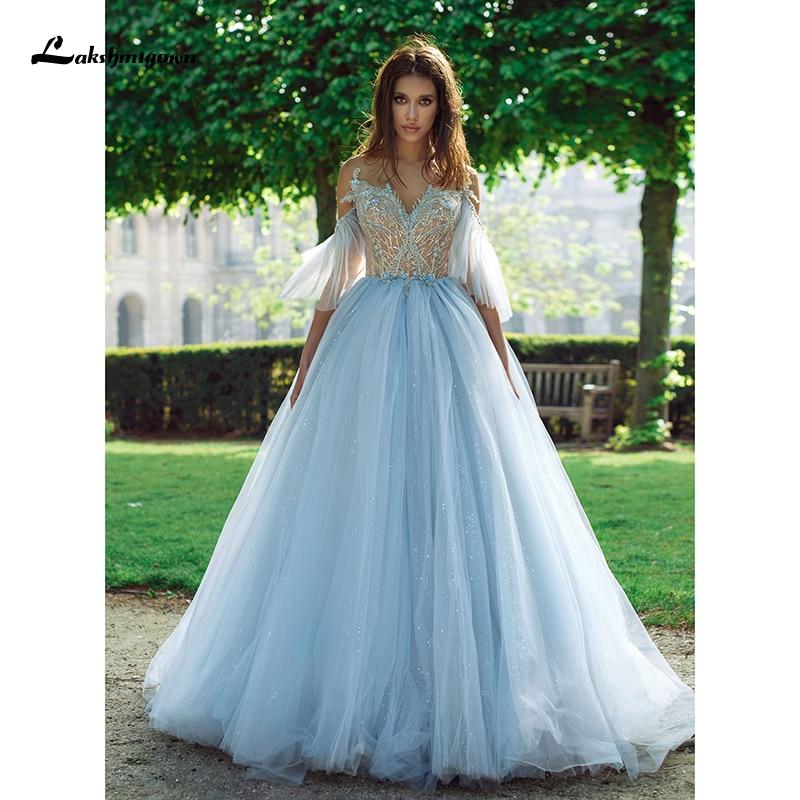 Blue Lace Bride Dress Short Sleeves A-line Romantic Wedding Dress