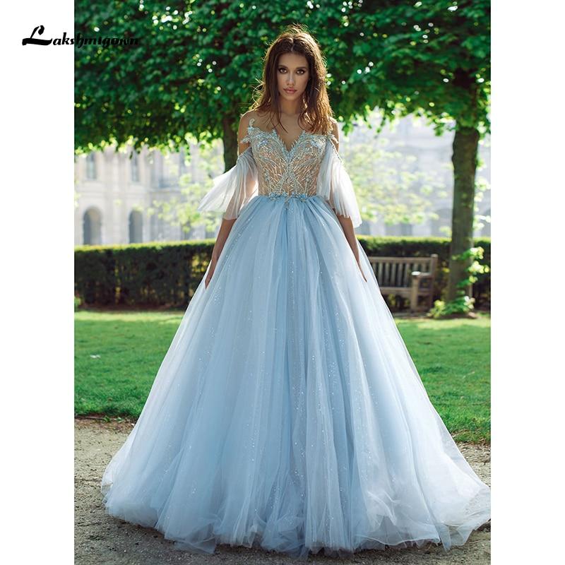 Blue Lace Bride Dress Short Sleeves A-line Romantic Wedding Dress - ROYCEBRIDAL OFFICIAL STORE