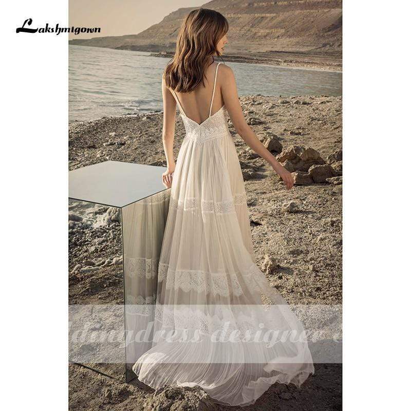 Boho Lace Wedding Dress Deep V Neck Backless Robe Sexy Bridal Gown - ROYCEBRIDAL OFFICIAL STORE