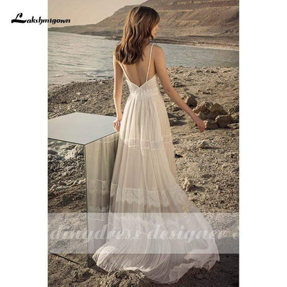 Boho Lace Wedding Dress Deep V Neck Backless Robe Sexy Bridal Gown - ROYCEBRIDAL OFFICIAL STORE