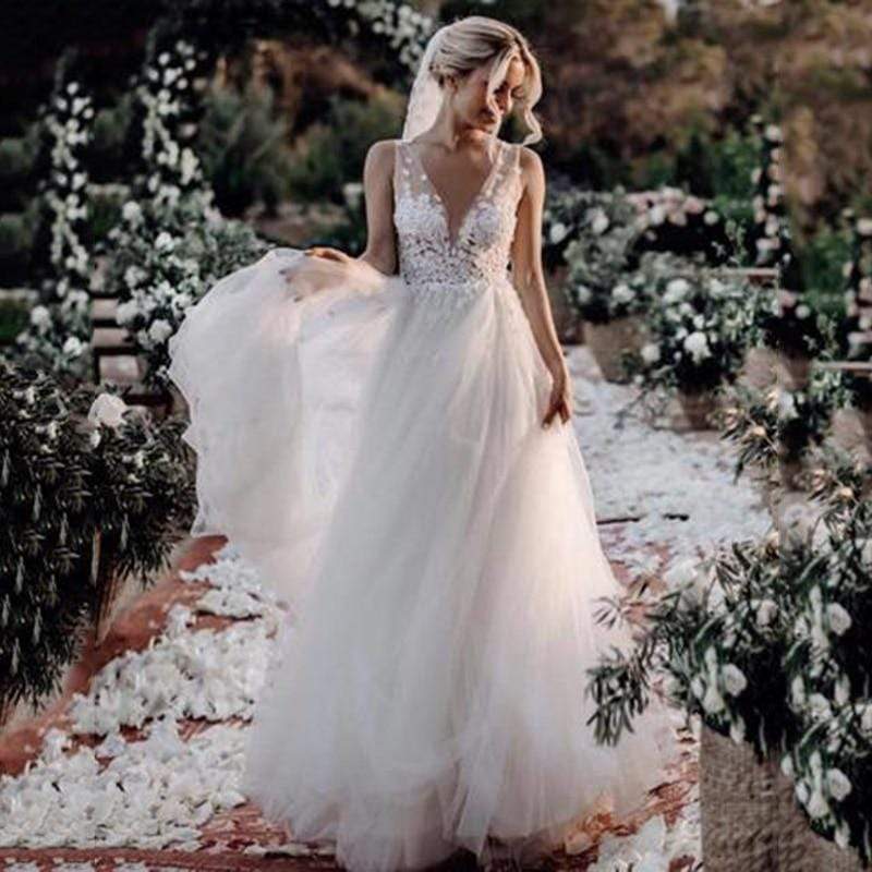 Boho Wedding Dress V Neck A Line Boho Bridal Gown 3D Flower
