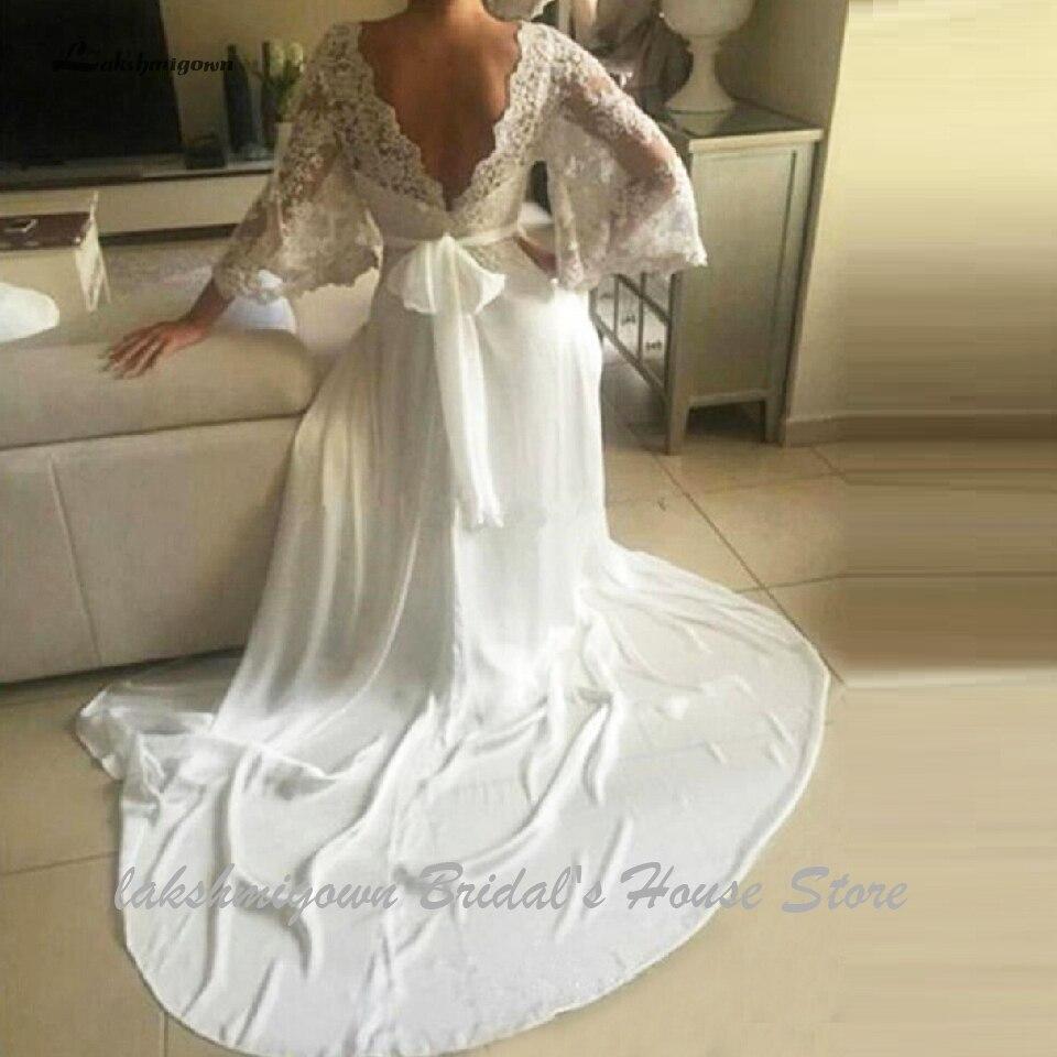 Bohemian Wedding Dresses Illusion Lace Bridal Gown Backless Long Sleeve Deep V Neck Boho Chiffon Plus Size Beach Bridal Dress