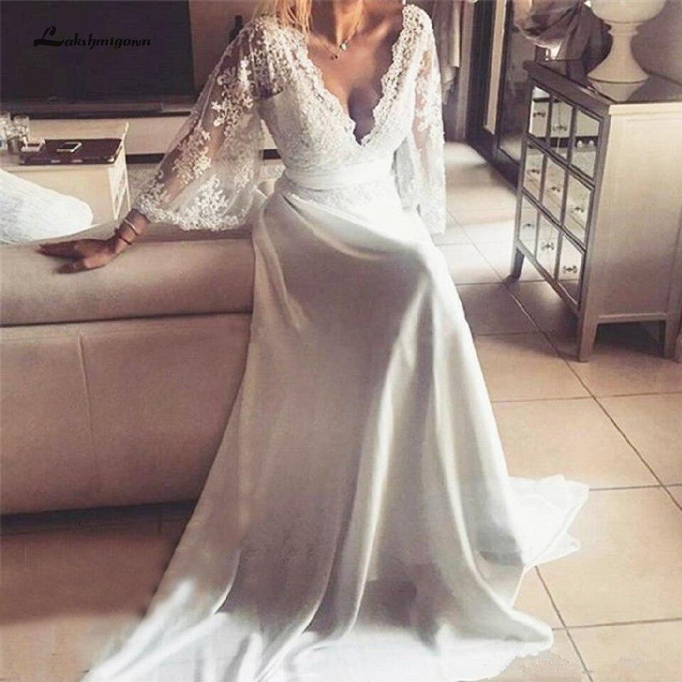 Bohemian Wedding Dresses Illusion Lace Bridal Gown Backless Long Sleeve Deep V Neck Boho Chiffon Plus Size Beach Bridal Dress - ROYCEBRIDAL OFFICIAL STORE