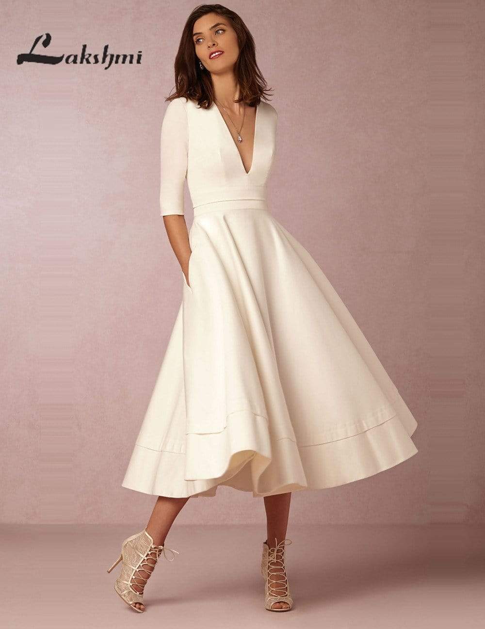 Model 19 wedding dresses, long tea wedding dress with sleeves and deep v-neck, ivory, summer, beach