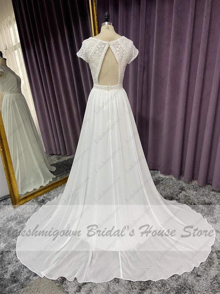 Cap Short Sleeve Beach Wedding Dress Lace Bodice Sexy Chiffon A Line - ROYCEBRIDAL OFFICIAL STORE