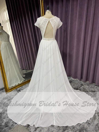 Cap Short Sleeve Beach Wedding Dress Lace Bodice Sexy Chiffon A Line - ROYCEBRIDAL OFFICIAL STORE