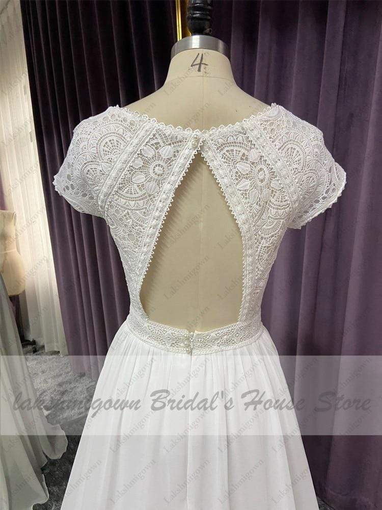 Cap Short Sleeve Beach Wedding Dress Lace Bodice Sexy Chiffon A Line - ROYCEBRIDAL OFFICIAL STORE