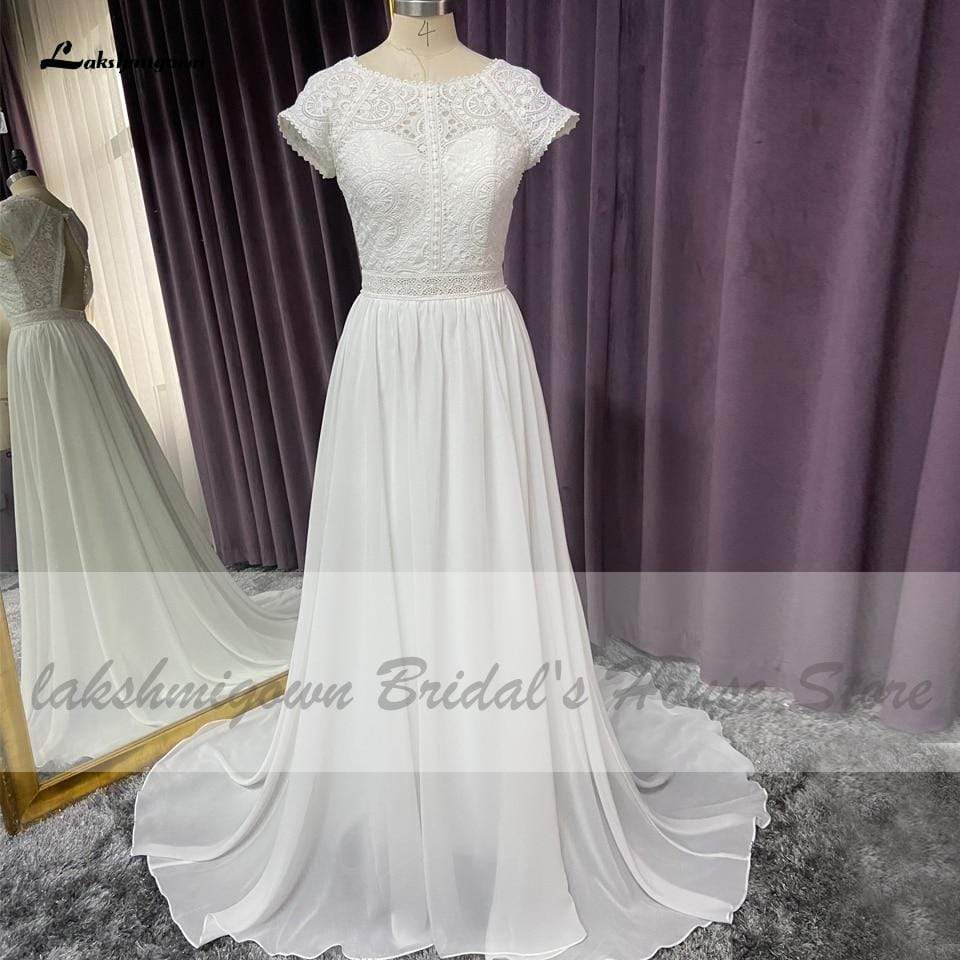 Cap Short Sleeve Beach Wedding Dress Lace Bodice Sexy Chiffon A Line - ROYCEBRIDAL OFFICIAL STORE