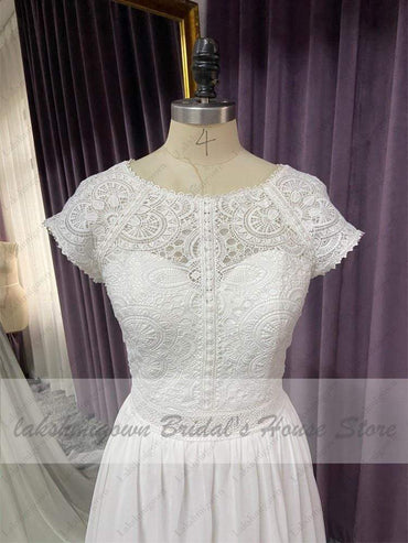 Cap Short Sleeve Beach Wedding Dress Lace Bodice Sexy Chiffon A Line - ROYCEBRIDAL OFFICIAL STORE