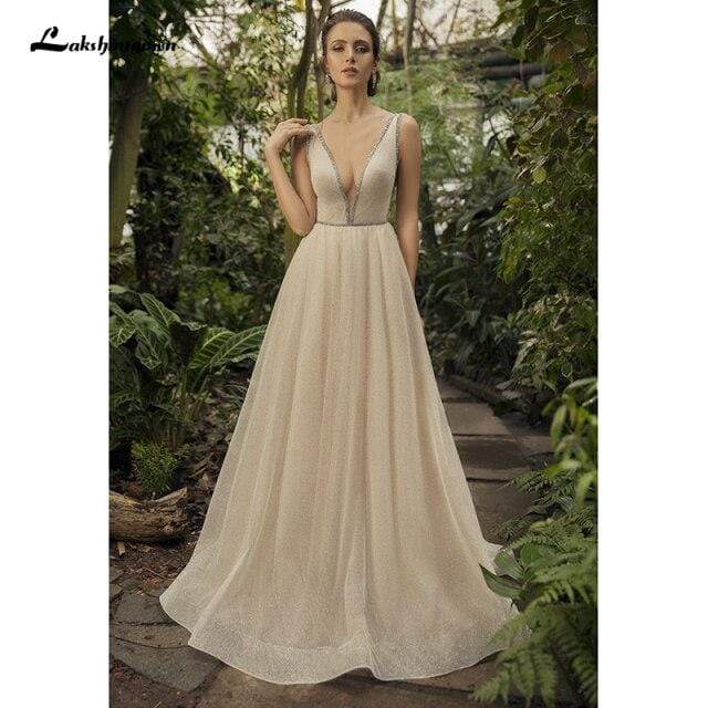 Champagne Shiny Sparkling A line Wedding Dresses - ROYCEBRIDAL OFFICIAL STORE