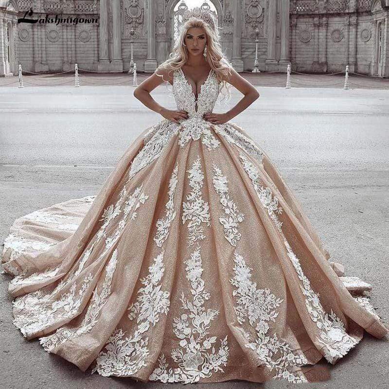 Champagne Ball Gown Wedding Dresses Lace Appliqued Deep V Neck