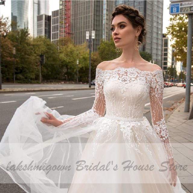 Vintage Lace Bride Dress Off Shoulder Princess Wedding Gowns - ROYCEBRIDAL OFFICIAL STORE