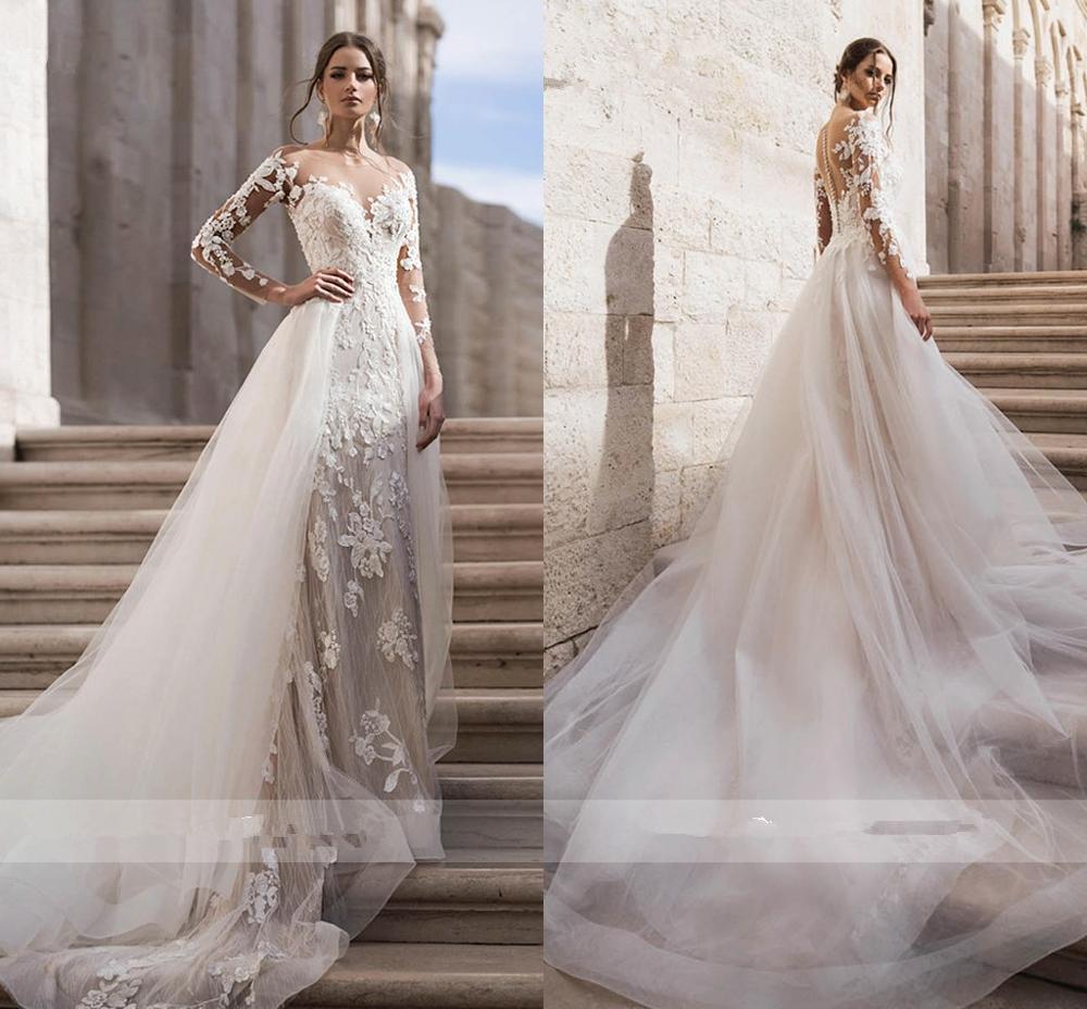 Jumpsuit Wedding Dresses 2022 Pants Suit Party Bridal Gown Illusion Tulle  Long Sleeve V-Neck Sweep Train Robe De Mariee - AliExpress