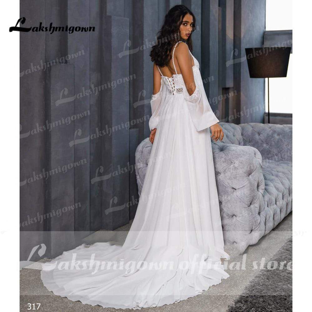 Chiffon Backless Spaghetti Straps lantern Sleeve Wedding Dresses