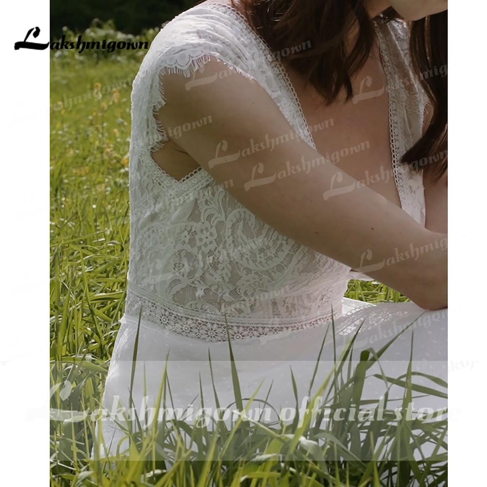 Deep V Neck Lace Top Chiffon Wedding Dresses Short Sleeve - ROYCEBRIDAL OFFICIAL STORE