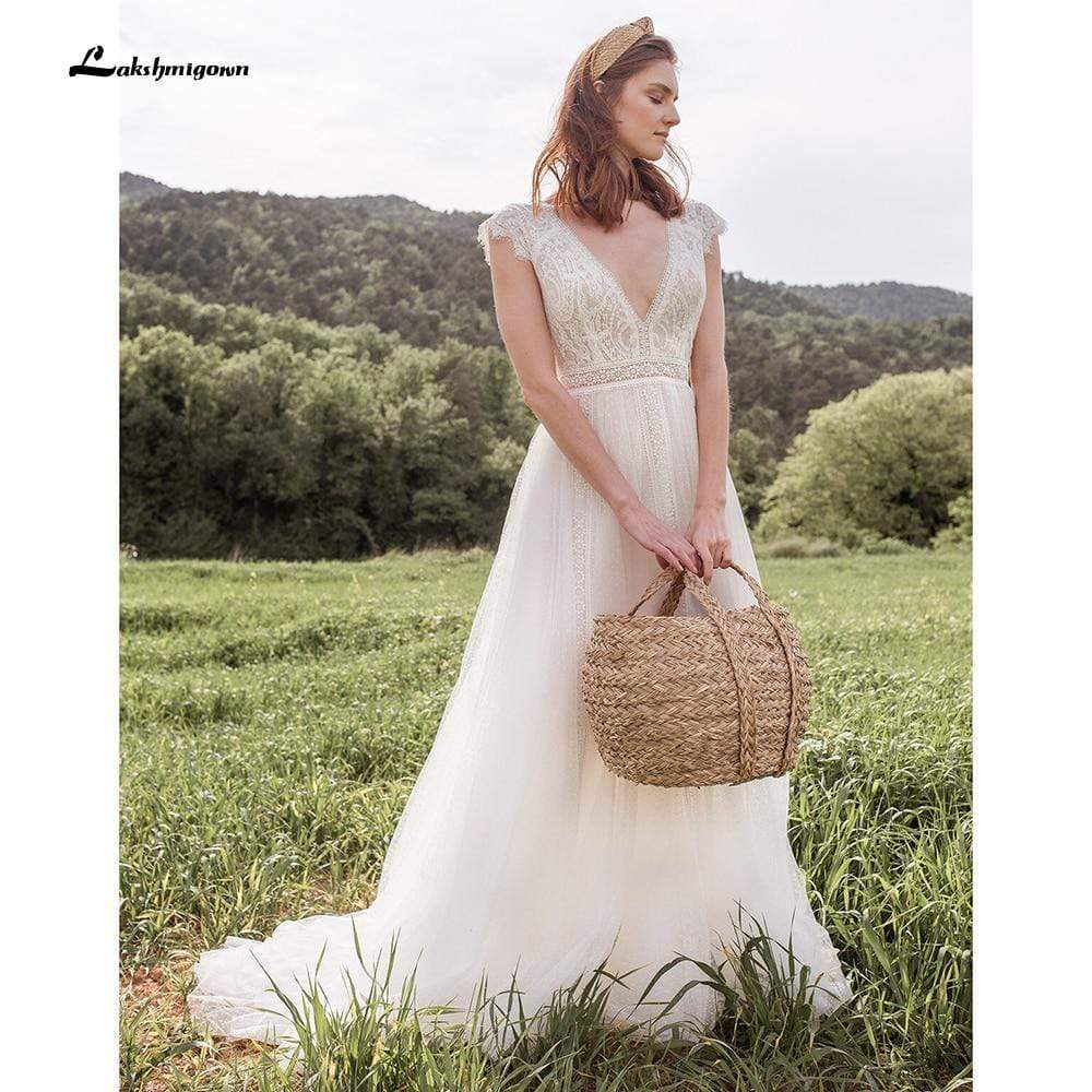Deep V Neck Lace Top Chiffon Wedding Dresses Short Sleeve - ROYCEBRIDAL OFFICIAL STORE