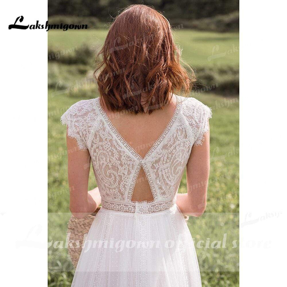 Deep V Neck Lace Top Chiffon Wedding Dresses Short Sleeve - ROYCEBRIDAL OFFICIAL STORE