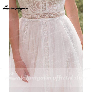Deep V Neck Lace Top Chiffon Wedding Dresses Short Sleeve - ROYCEBRIDAL OFFICIAL STORE