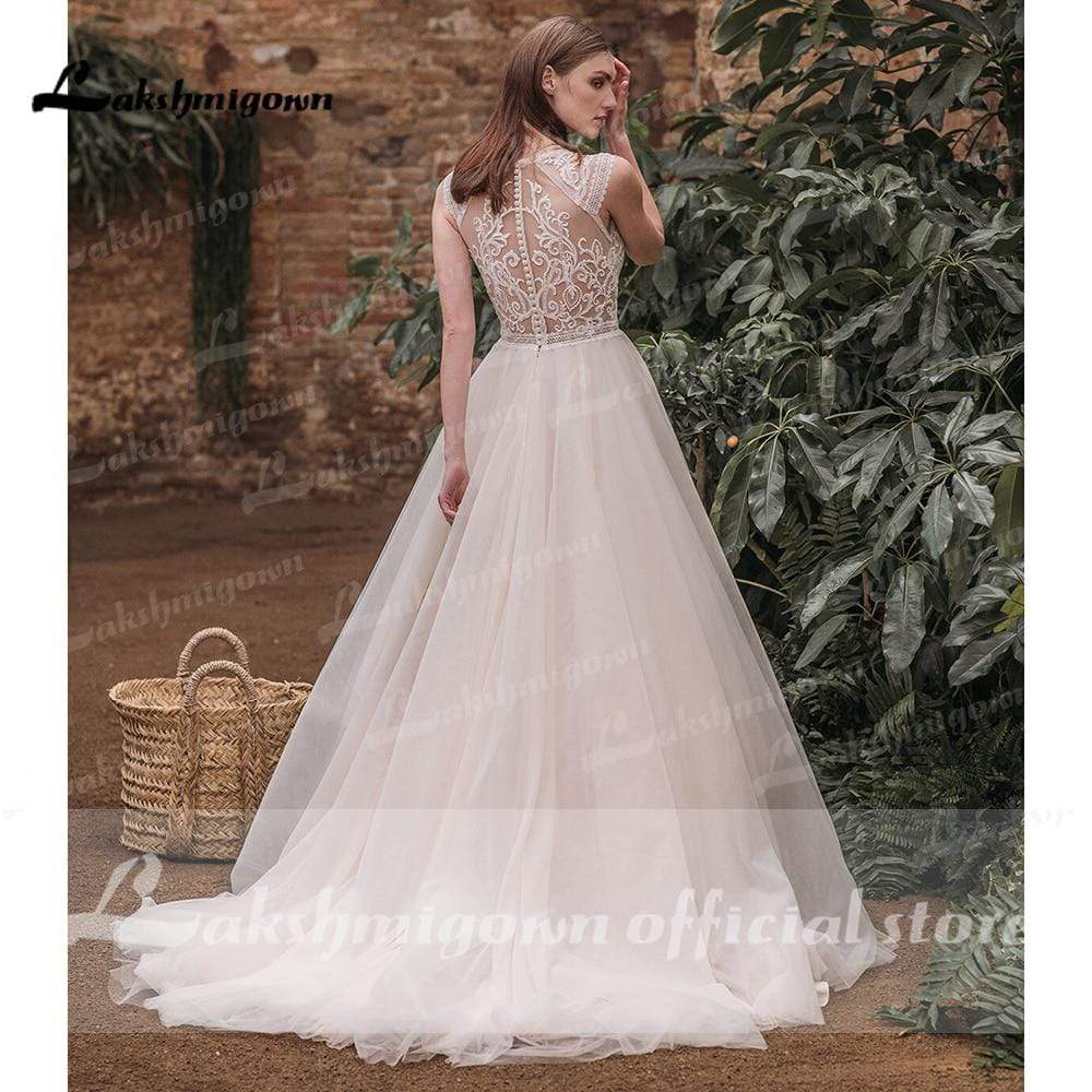 Elegant A Line O Neck See Through Lace Wedding Dresses