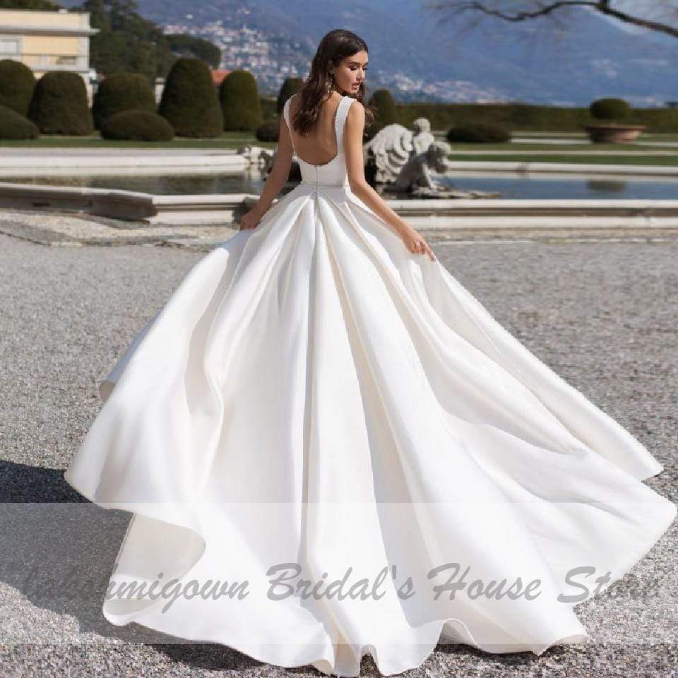Elegant A Line V Neck Satin Wedding Dresses with Pockets