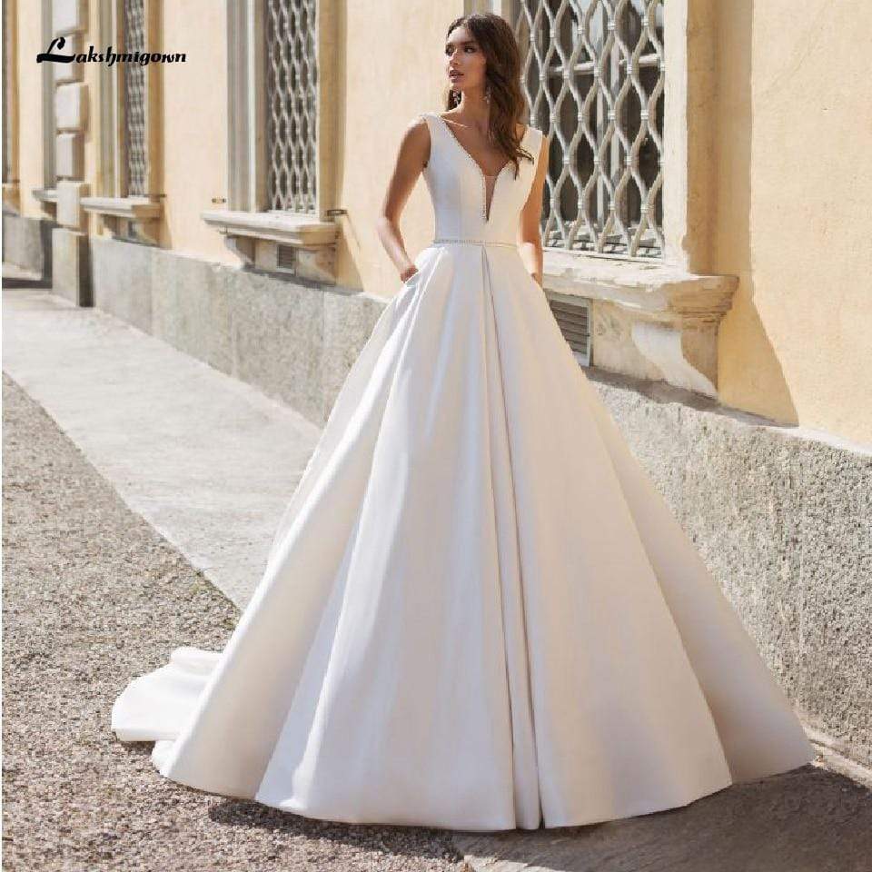 Elegant A Line V Neck Satin Wedding Dresses with Pockets