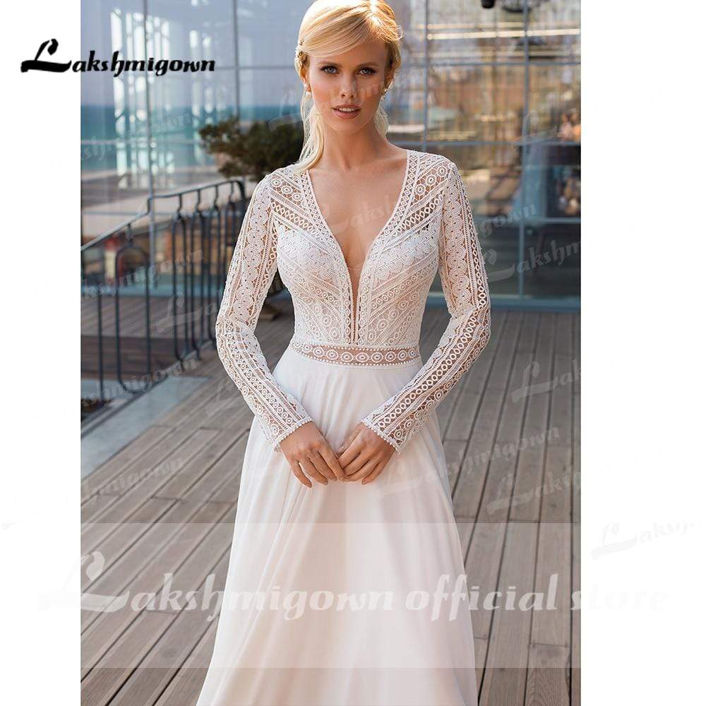 Elegant Long Sleeve V Neck Lace Chiffon Wedding Dresses With Back Buttons Sexy vestidos de novia bohemio verano 2021 Lakshmigown