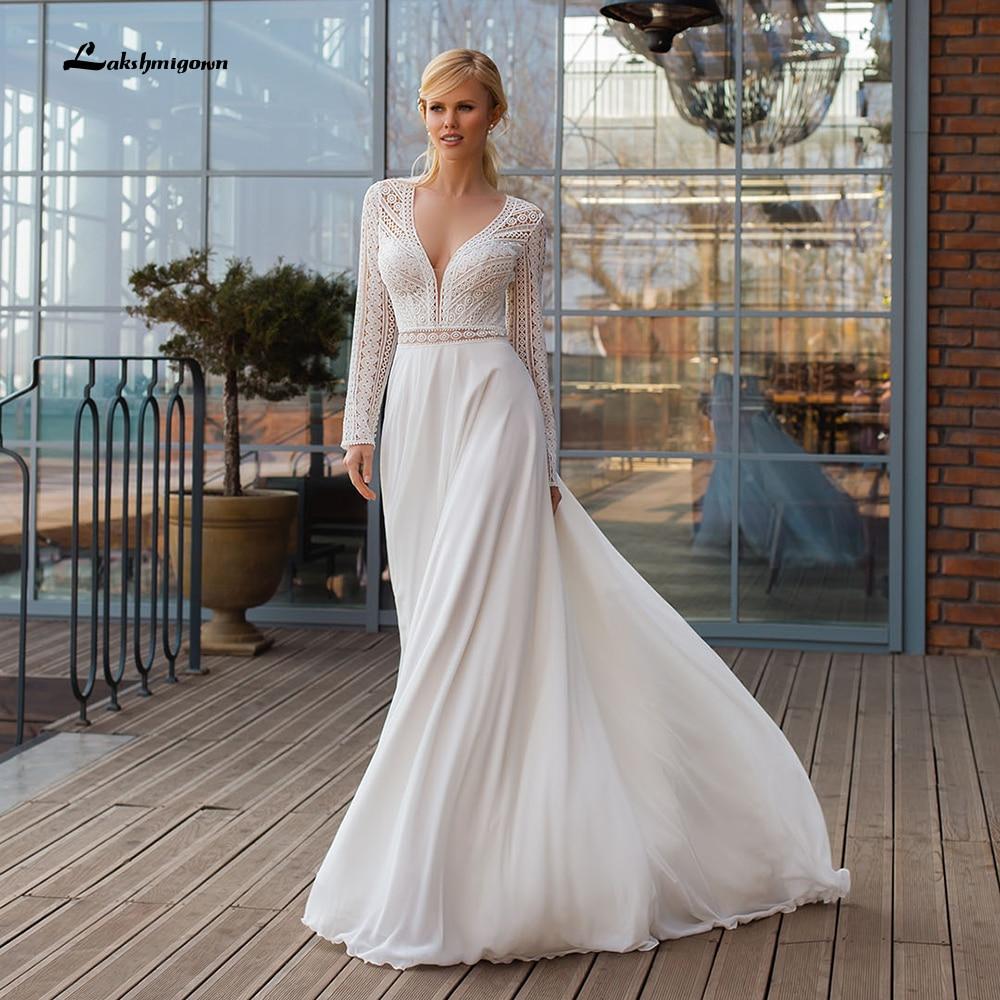 Elegant Long Sleeve V Neck Lace Chiffon Wedding Dresses With Back Buttons Sexy vestidos de novia bohemio verano 2021 Lakshmigown