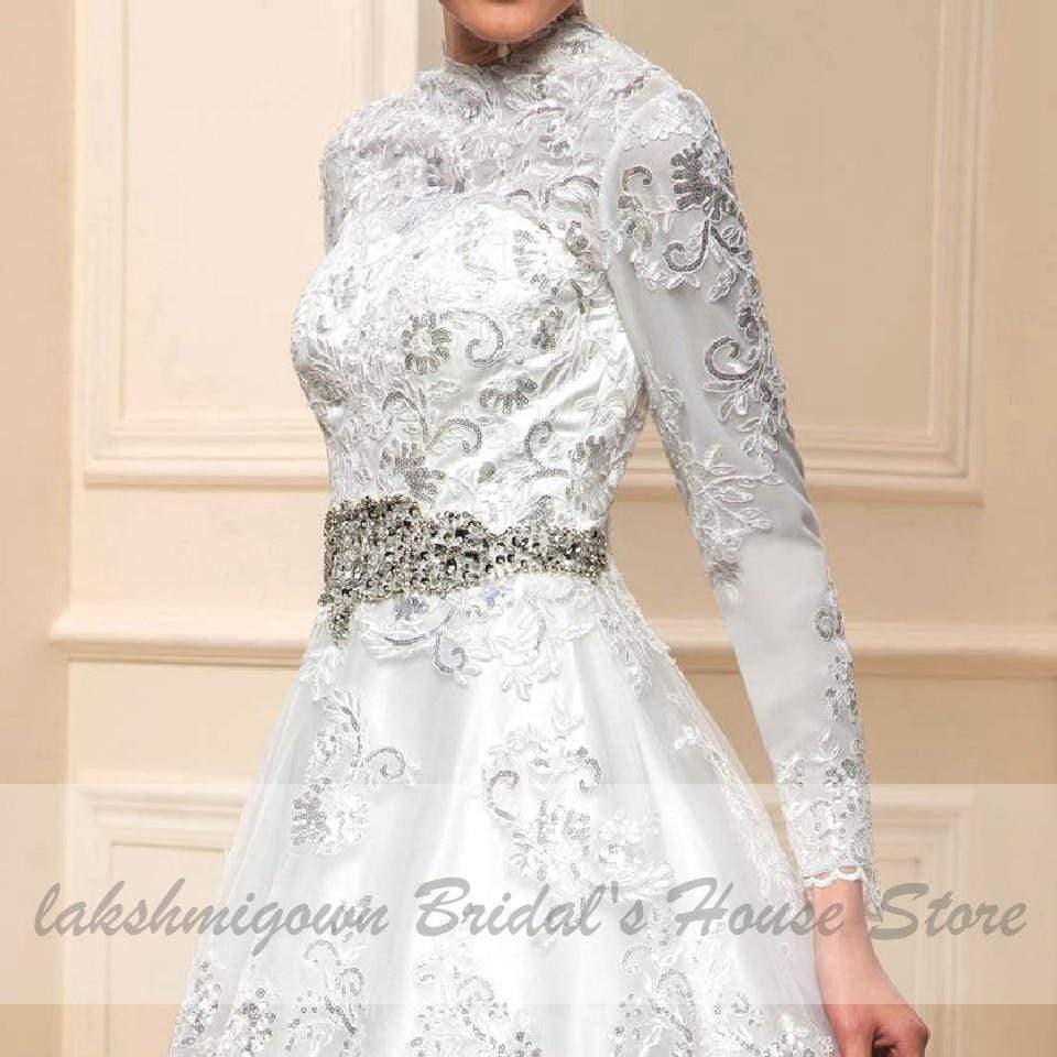 Elegant Long Sleeve Wedding Dress Glitter Lace Dubai Bridal Dresses - ROYCEBRIDAL OFFICIAL STORE