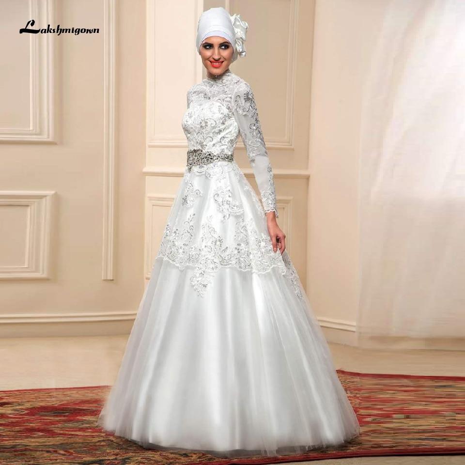 Elegant Long Sleeve Wedding Dress Glitter Lace Dubai Bridal Dresses
