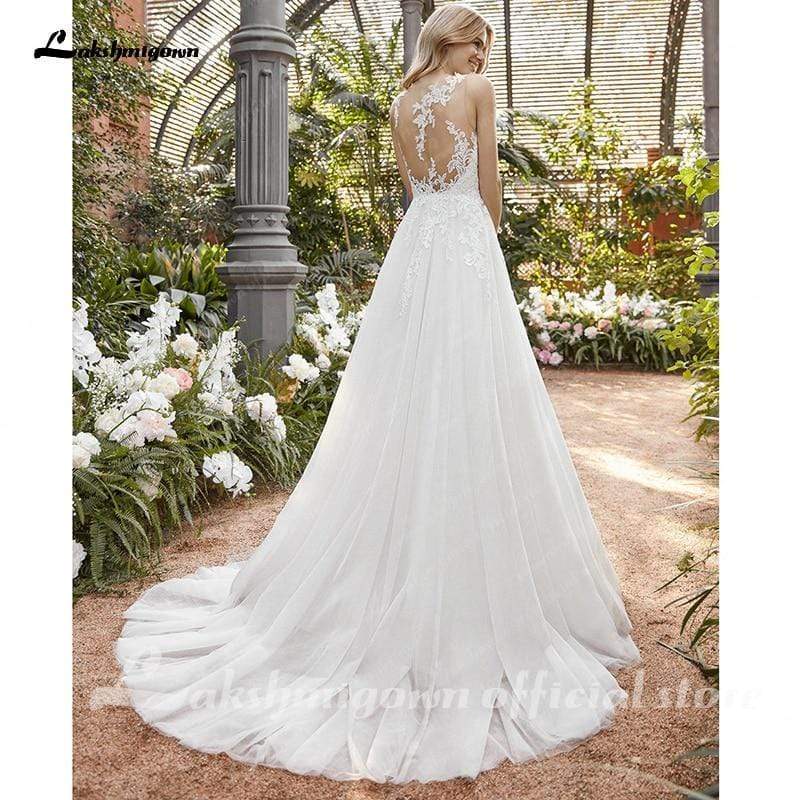 Elegant V-Neck Lace Top Backless Wedding Dress