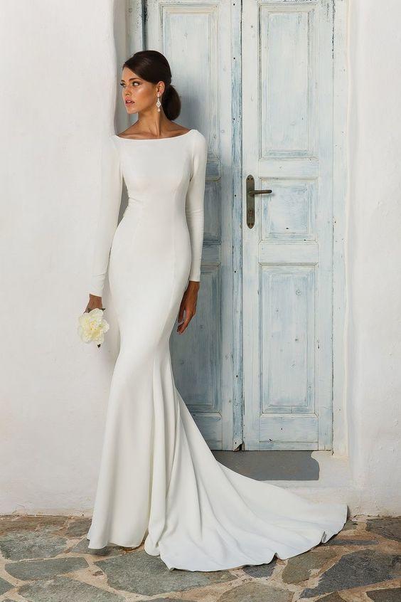 Elegant White Stain Mermaid Wedding Dresses Long Sleeves Bridal Gown