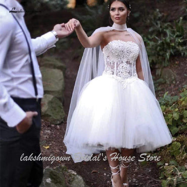 Fantastic Short Strapless Corset Pearl Beaded Bridal Gowns Wedding Dresses - ROYCEBRIDAL OFFICIAL STORE