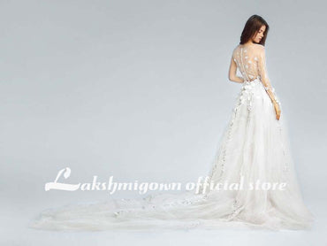 Floor Length V Neck Satin Lace Beach Wedding Dresses - ROYCEBRIDAL OFFICIAL STORE