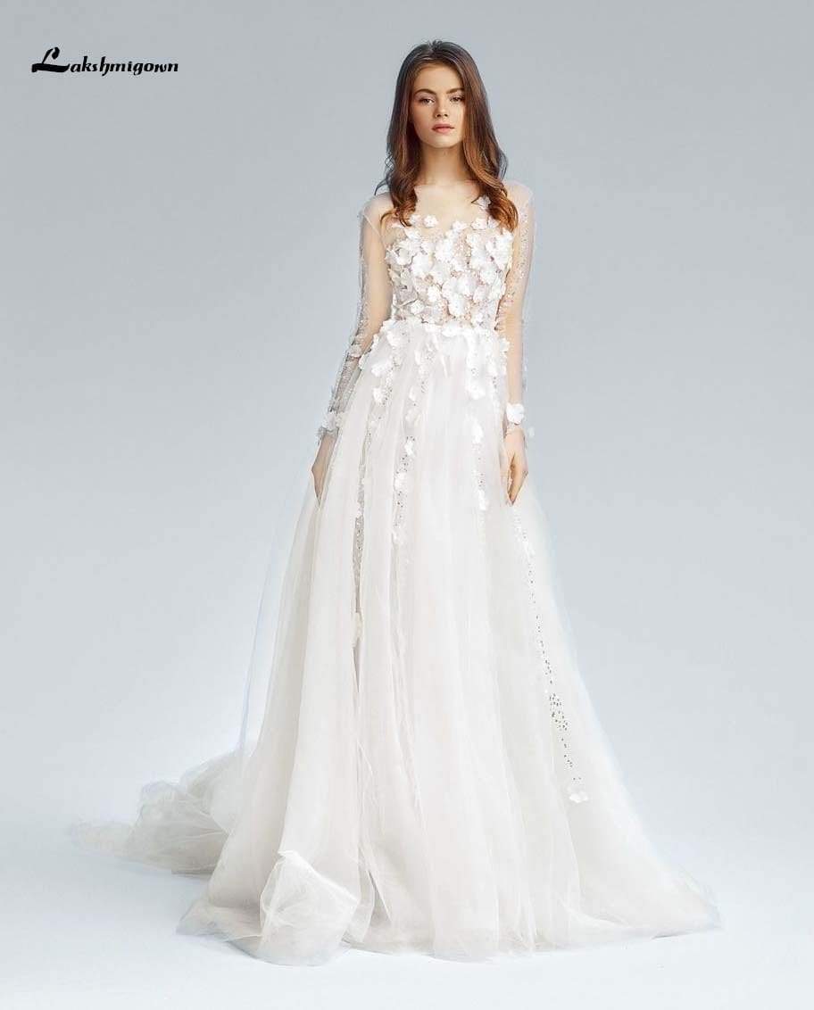 Floor Length V Neck Satin Lace Beach Wedding Dresses - ROYCEBRIDAL OFFICIAL STORE