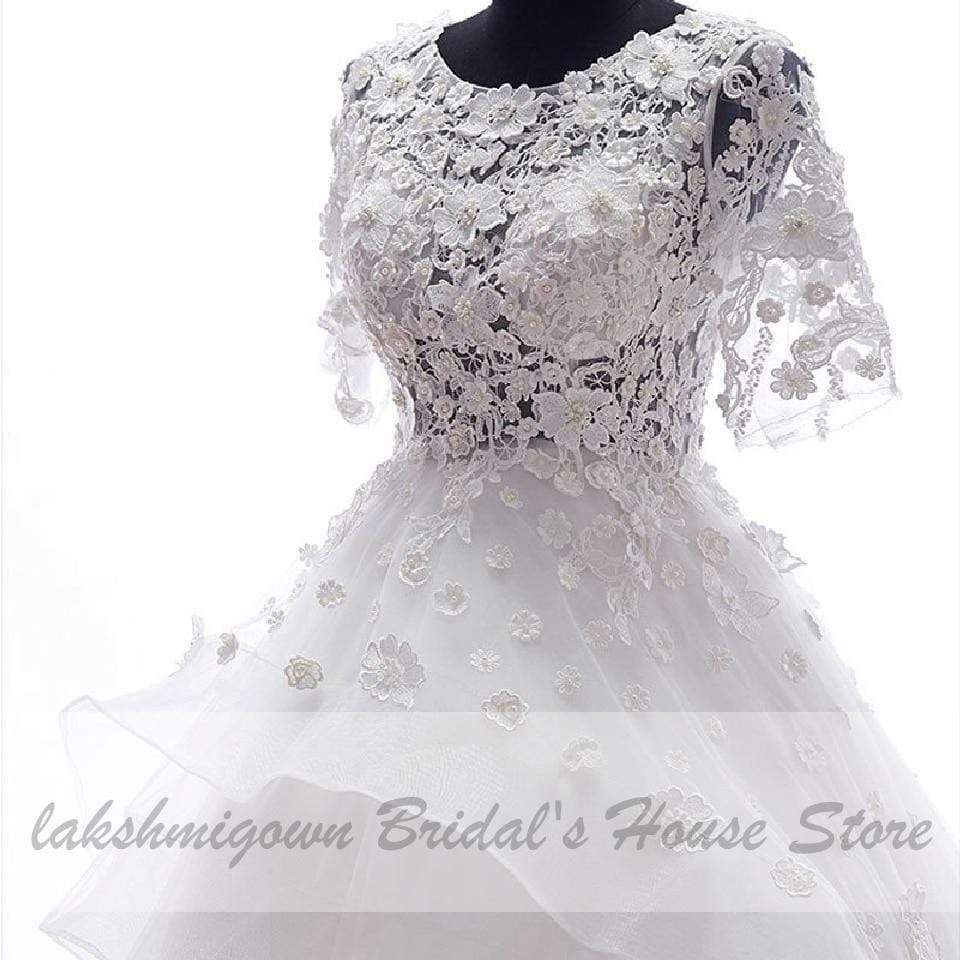 Floral High Low Wedding Dress 3D Flowers Bridal Gowns Short Sleeves - ROYCEBRIDAL OFFICIAL STORE