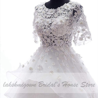 Floral High Low Wedding Dress 3D Flowers Bridal Gowns Short Sleeves - ROYCEBRIDAL OFFICIAL STORE
