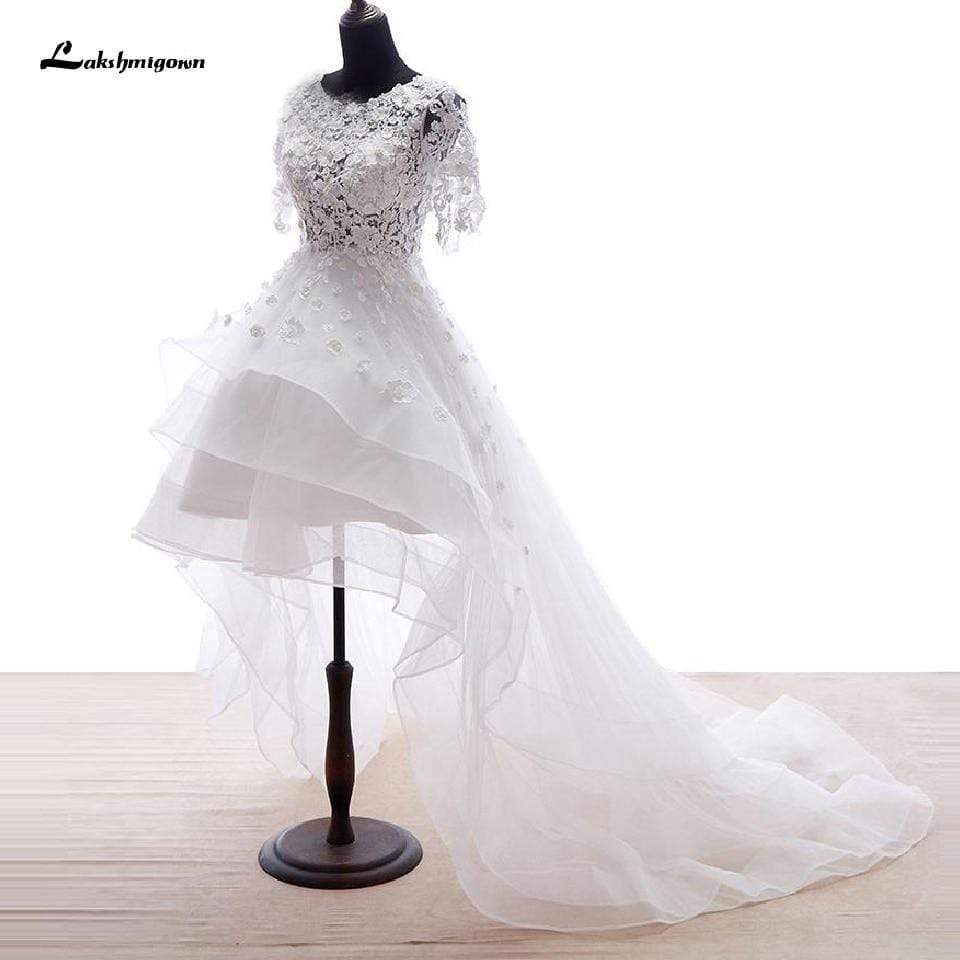 Floral High Low Wedding Dress 3D Flowers Bridal Gowns Short Sleeves - ROYCEBRIDAL OFFICIAL STORE