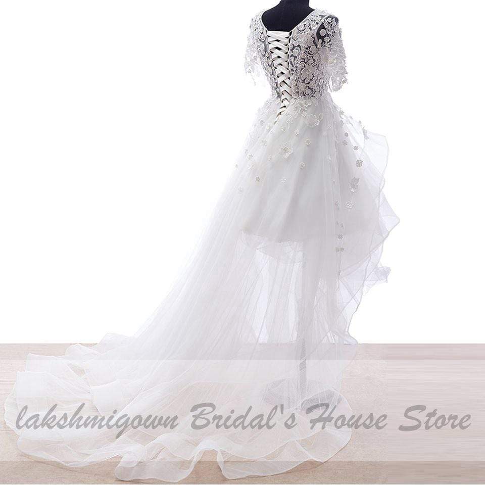 Floral High Low Wedding Dress 3D Flowers Bridal Gowns Short Sleeves - ROYCEBRIDAL OFFICIAL STORE