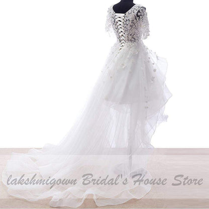 Floral High Low Wedding Dress 3D Flowers Bridal Gowns Short Sleeves - ROYCEBRIDAL OFFICIAL STORE