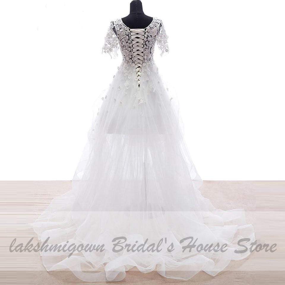 Floral High Low Wedding Dress 3D Flowers Bridal Gowns Short Sleeves - ROYCEBRIDAL OFFICIAL STORE
