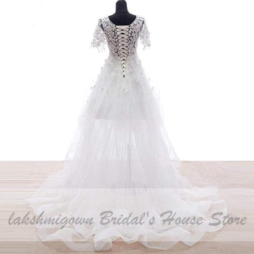 Floral High Low Wedding Dress 3D Flowers Bridal Gowns Short Sleeves - ROYCEBRIDAL OFFICIAL STORE